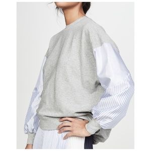 CLU Dolman Sleeve Pullover with Stripes Grey with Blue Satin Sleeves Size Small